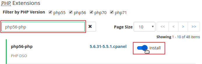 PHP Extensions php56-php search and toggle button highlighted