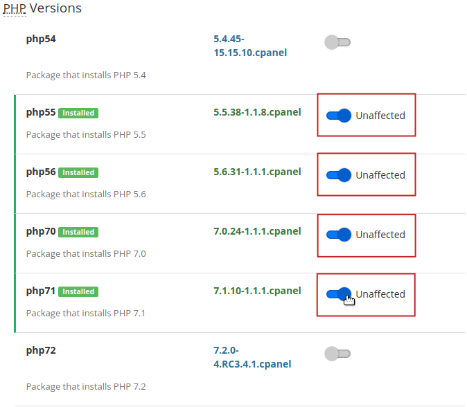 PHP Versions selected toggle buttons highlighted