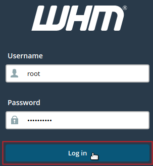 WHM login screen, Username root, Password field filled, and Log in button highlighted
