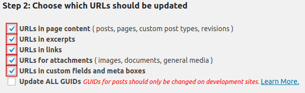 Checkboxes for URL options highlighted