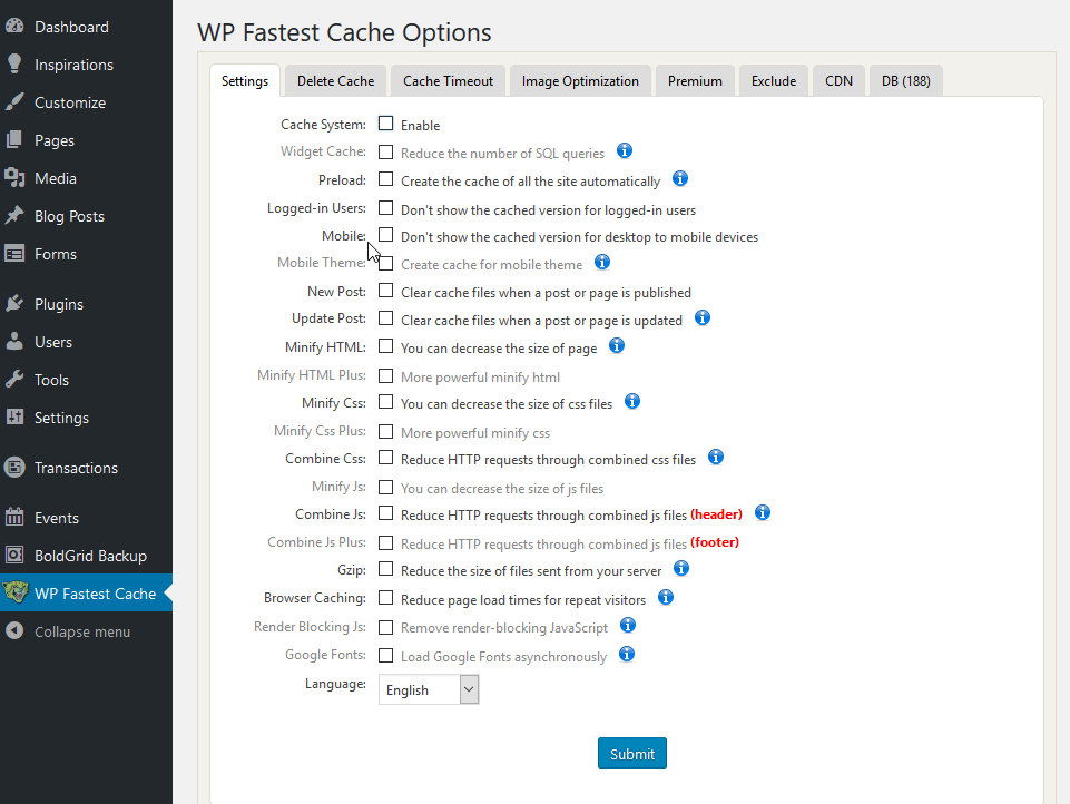 Select WP Fastest Cache in menu