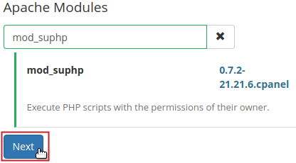 Apache Modules section Next button highlighted