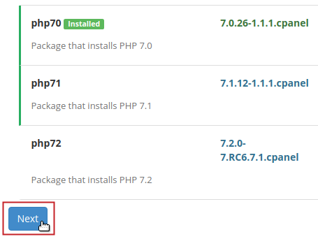 PHP Versions section Next button highlighted