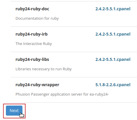 Ruby via Passenger section Next button highlighted