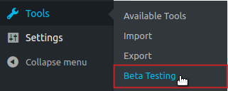Tools Beta Testing menu option highlighted