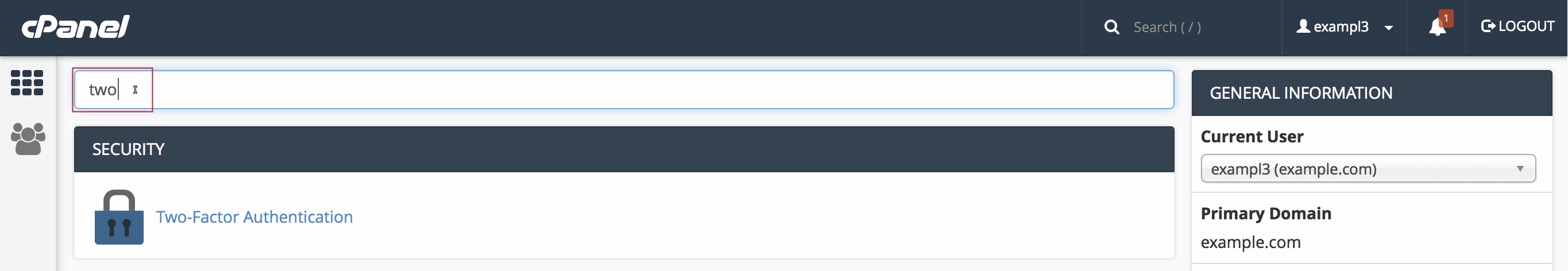 cPanel Search bar with two text entered and highlighted.
