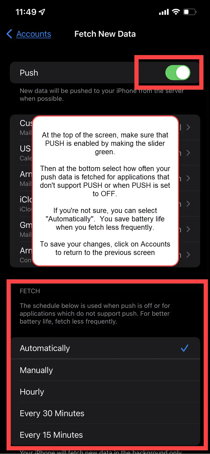 Enable Push and select fetch settings