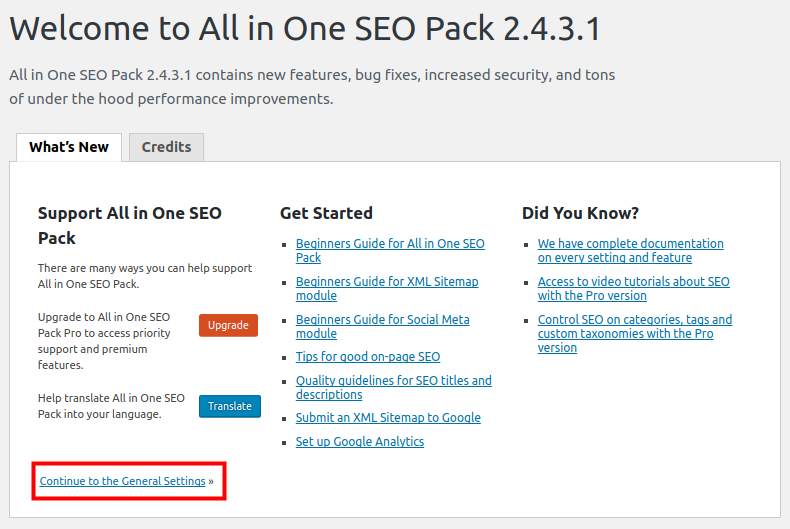 Welcome page for All In One SEO Pack