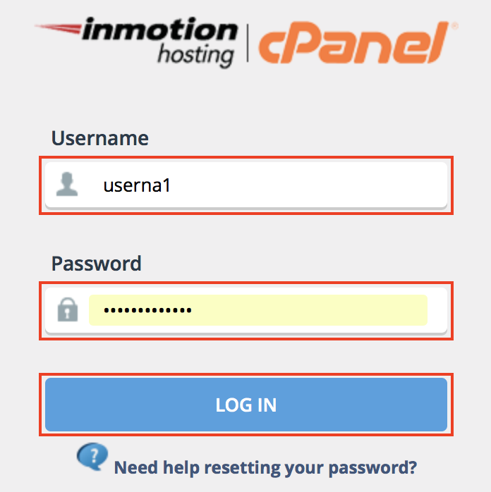 cPanel login screen displayed with username and password fields and Login button highlighted.