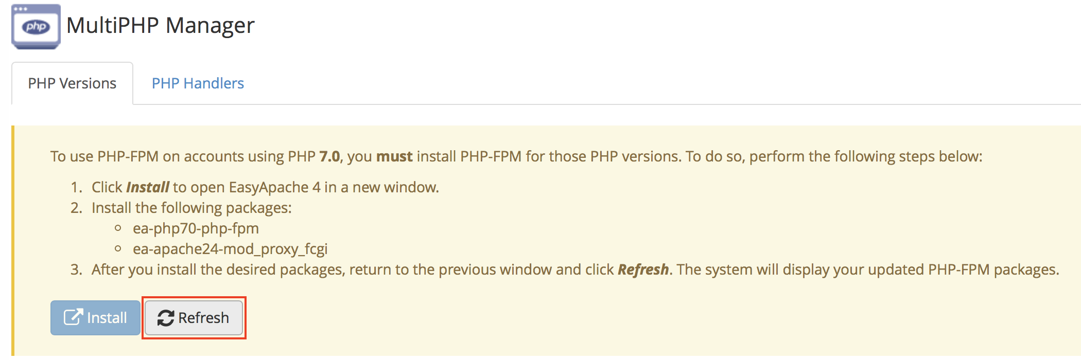WHM MultiPHP Manager PHP-FPM message Refresh button.
