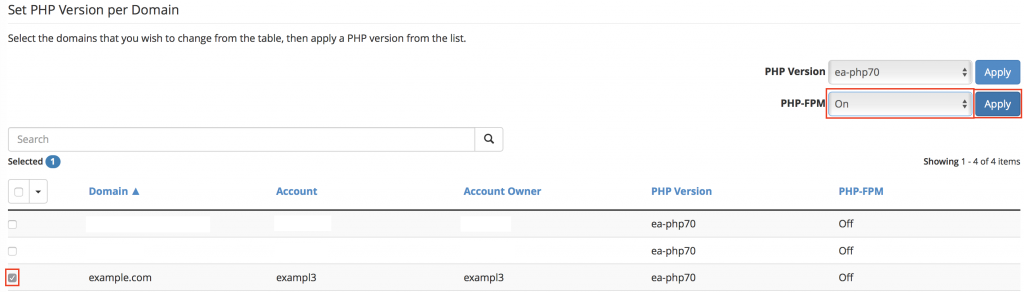 Set PHP Version per Domain with checkbox for domain: example.com selected, drop-down menu for PHP-FPM On option selected, and Apply button highlighted.