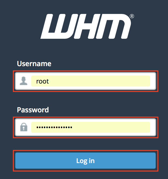 Web Host Manager (WHM) login screen, username (root) and password fields and Login button highlighted.