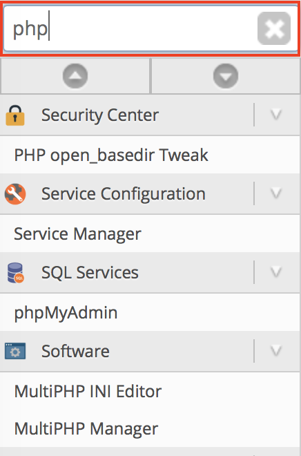 WHM search bar containing php highlighted.