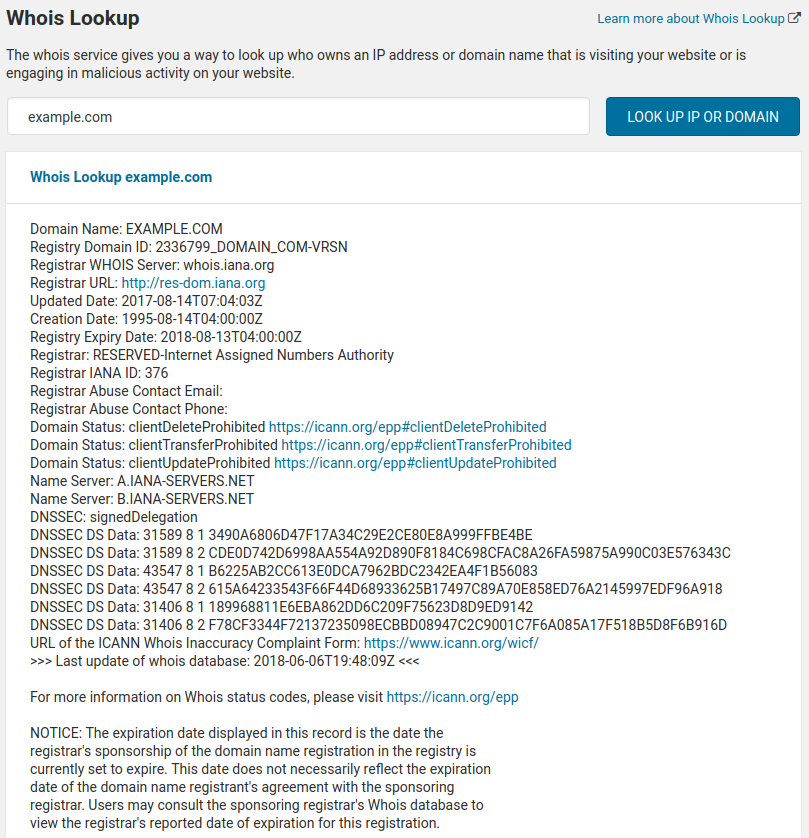 Example Wordfence Whois Lookup