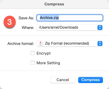 Compress files in Unzip One - name, location and compression