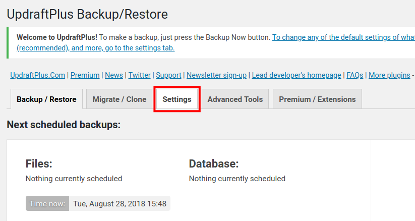 UpdraftPlus Backup/Restore Settings Tab