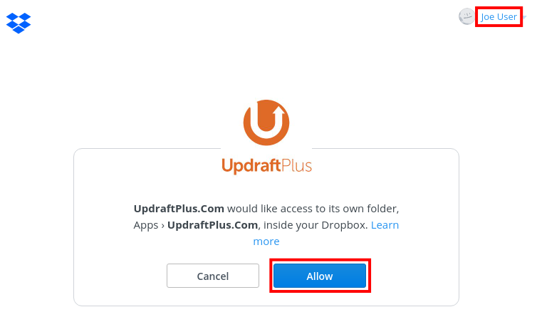 On the redirected page, allow UpdraftPlus to access your Dropbox account