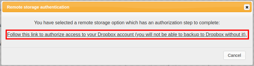 Authorize access from UpdraftPlus to your Dropbox account
