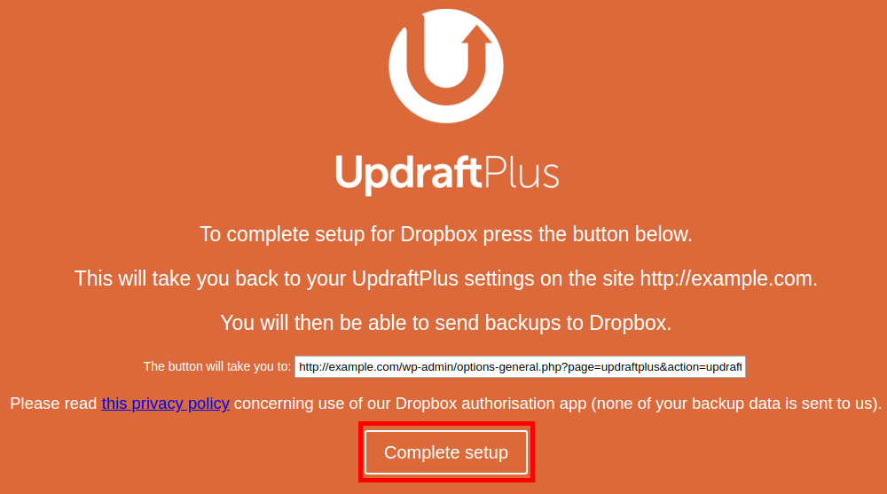 Complete setup on the UpdraftPlus settings page