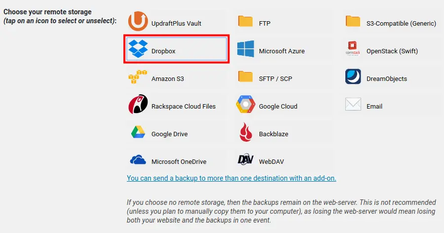 Choose Dropbox in the Remote Storage section