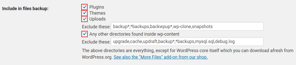 In the UpdraftPlus Settings, choose what type of data you want to backup to Dropbox