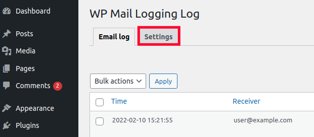 Access WP Mail Log Settings