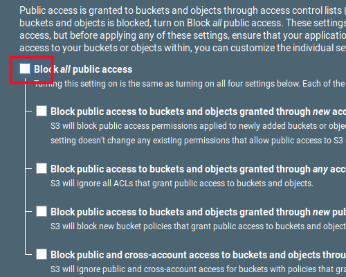 Block all public access checkbox