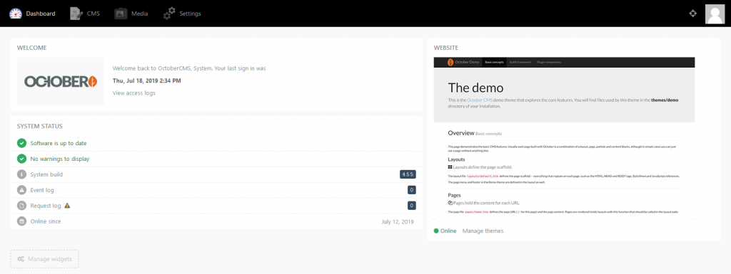OctoberCMS dashboard