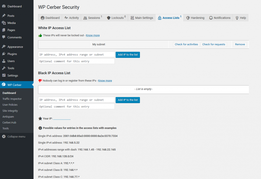 Mnaage IPs in the Cerber Access List