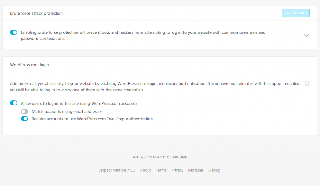 JetPack plugin two-factor authentication settings