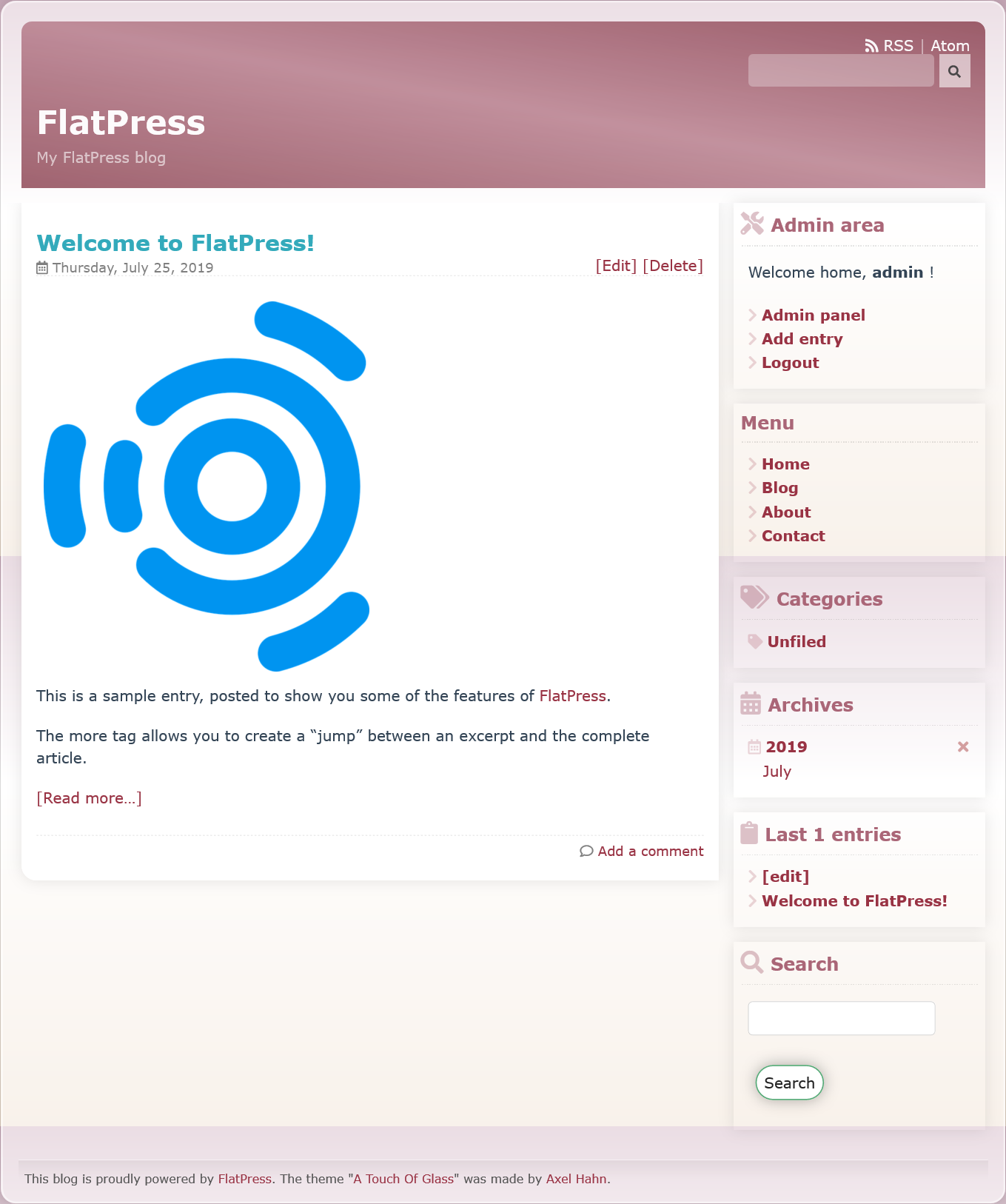 FlatPress admin homepage with ATOG theme