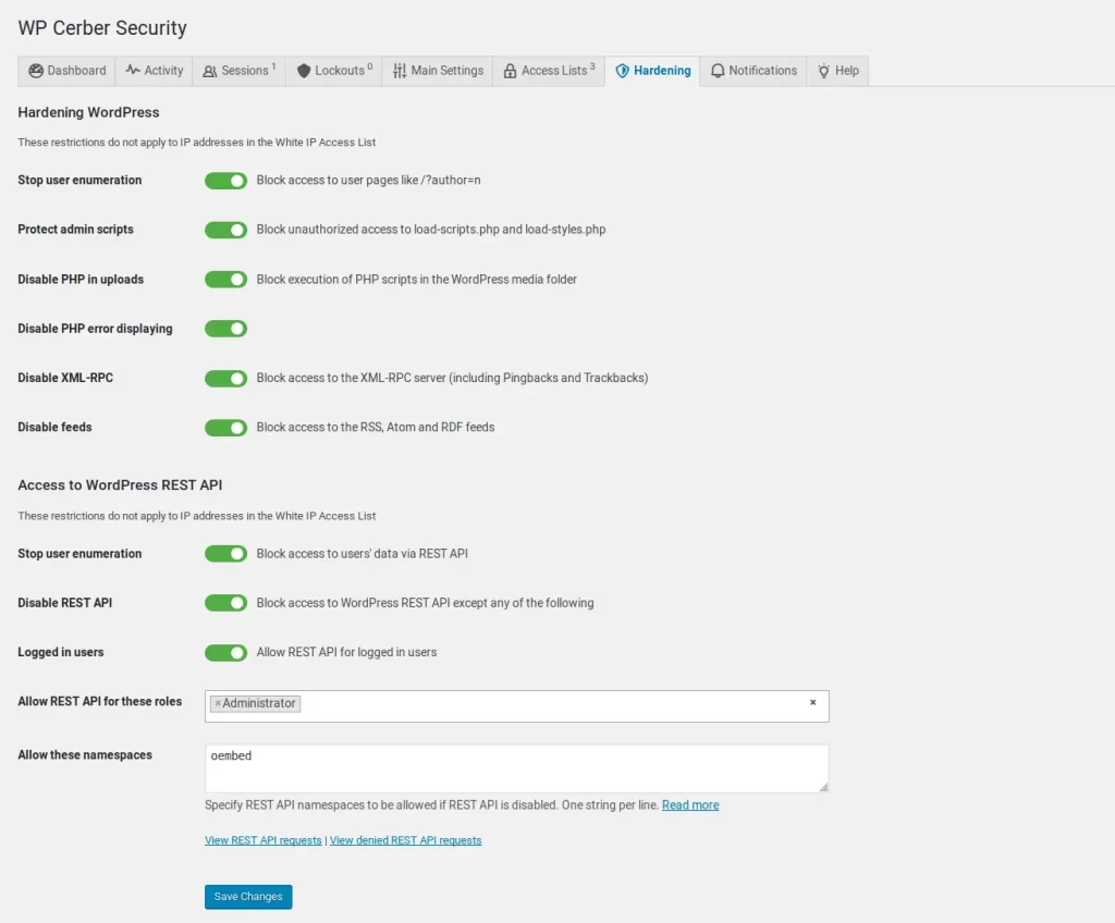 WP Cerber Security Hardening Options