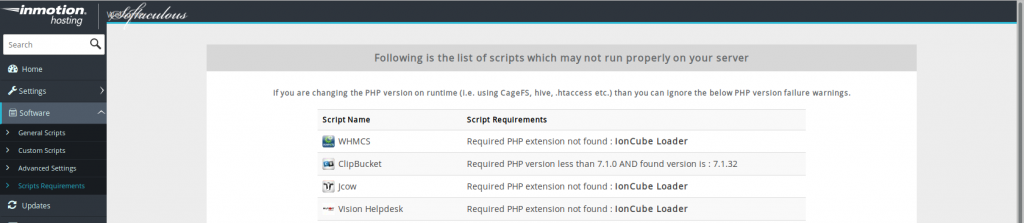 An example list of Softaculous Scripts Requirements