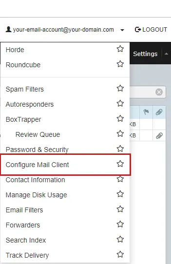 This image depicts the Configure Mail Client option from the Email Account drop-down menu in Webmail.