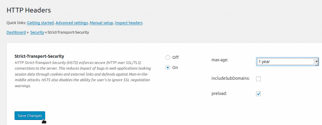 Strict-Transport-Security Settings Screen