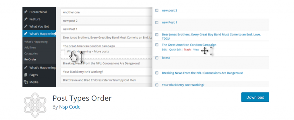 Screen shot of the Post Types Order plugin in WordPress