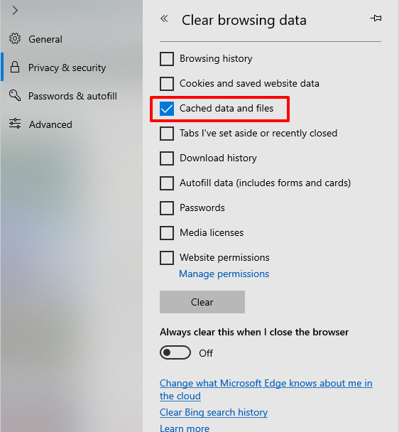 Here's where you clear cache in the Microsoft Edge browser