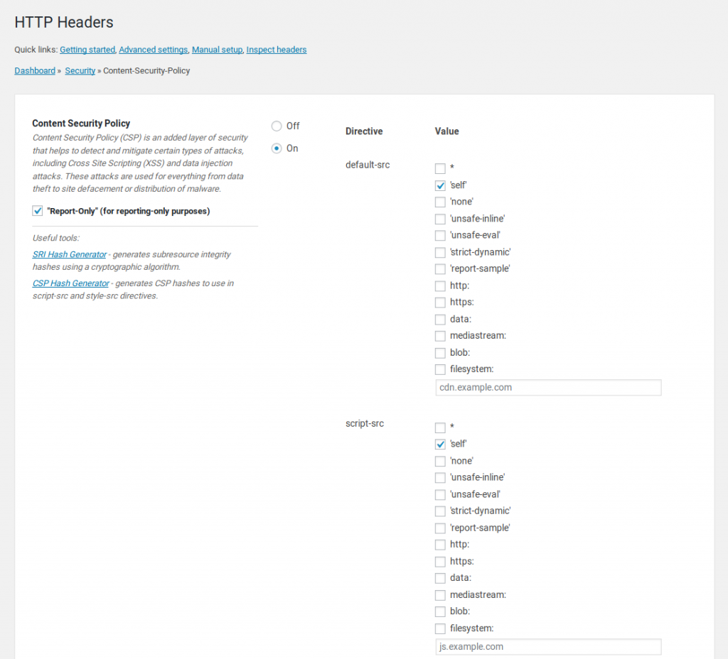 Content-Security-Policy Settings Screen