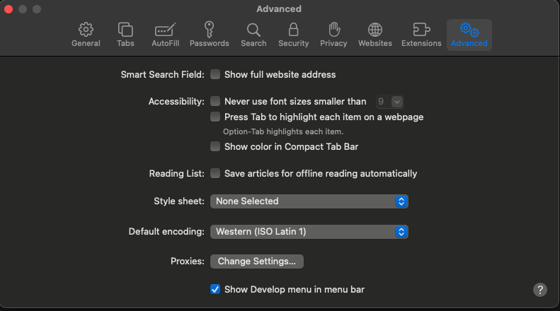 Safari's Preferences menu, with the "Show Develop menu in menu bar" option checked