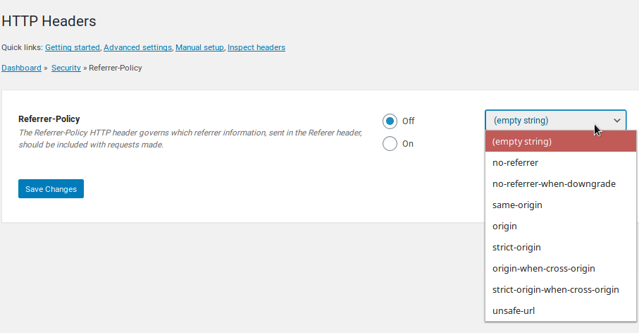 Referrer-Policy Settings Screen