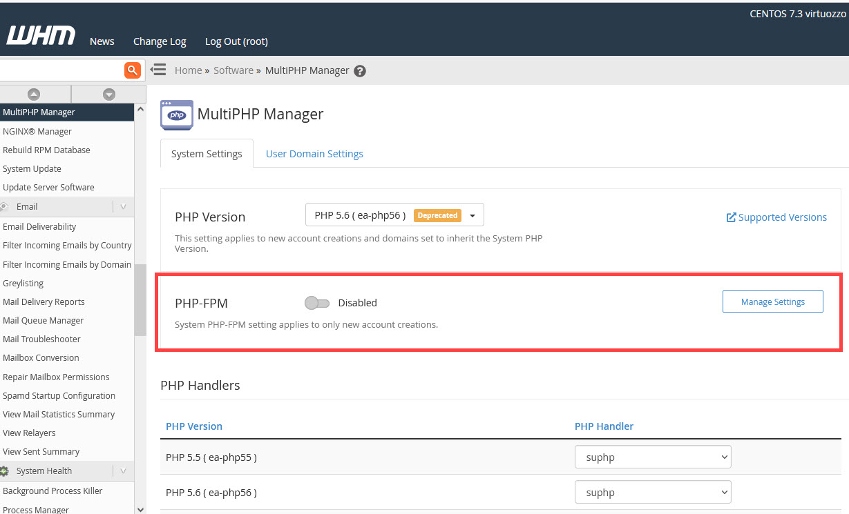 Multiphp Manager page - PHPFPM Settings
