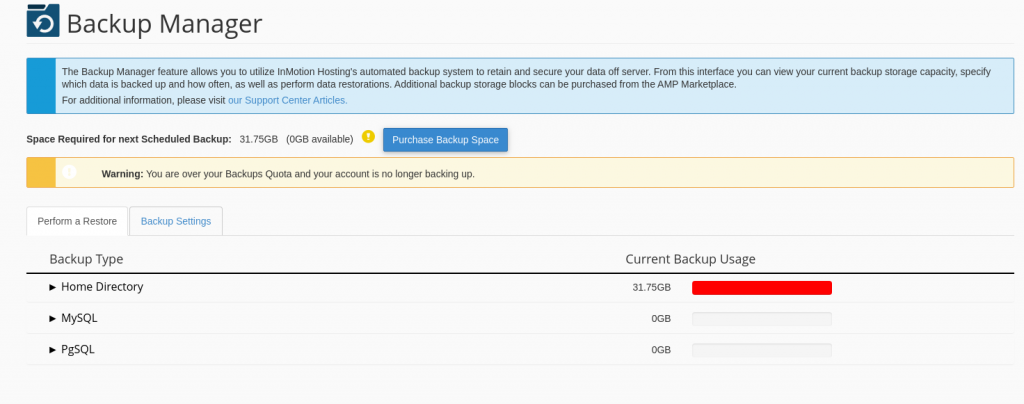 cPanel Alert for Backup Storage exceeded