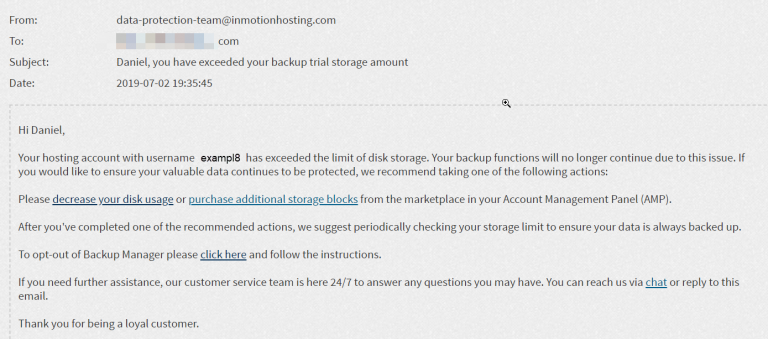 Backup Manager's Exceeded Storage Space Alerts