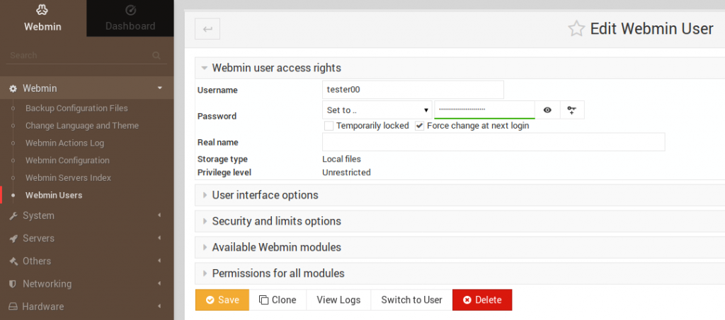 Change Webmin user passwords and force them to change it upon login