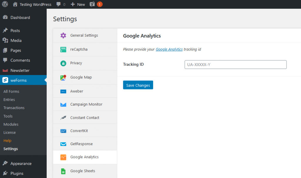 weforms google analytics key 1