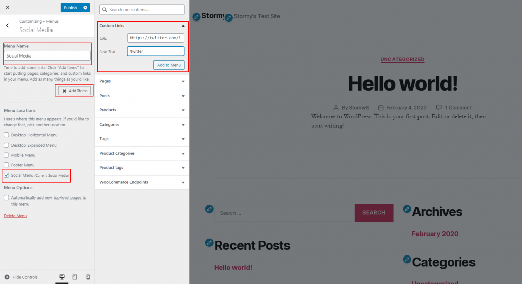 adding social icon in menus options of customizer