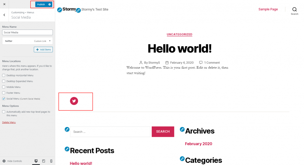 social media icon added by using the customizer