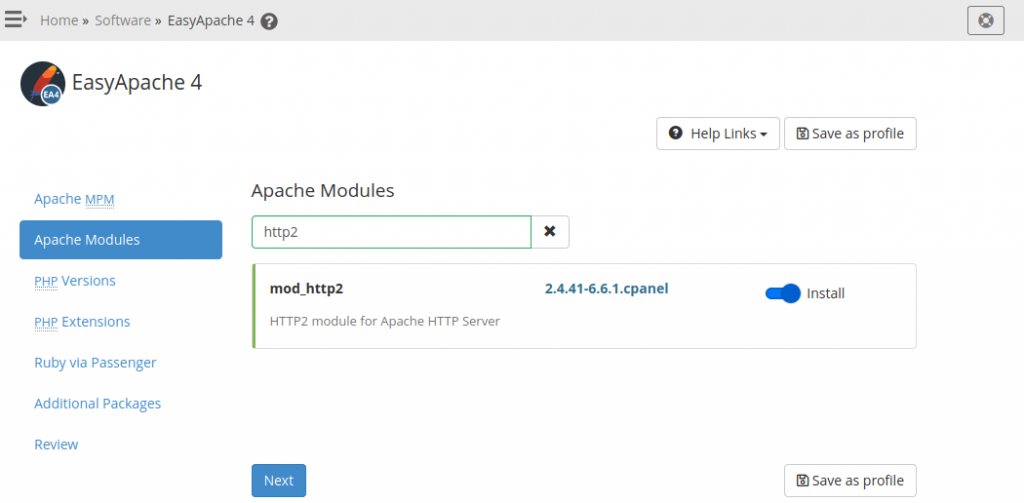 Select mod_http2 in Easy Apache 4