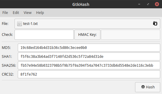 Checksums for a test file in GtkHash