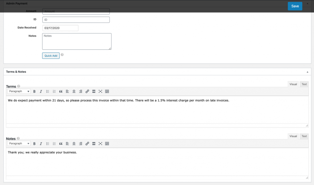 The terms and notes section of the created invoice